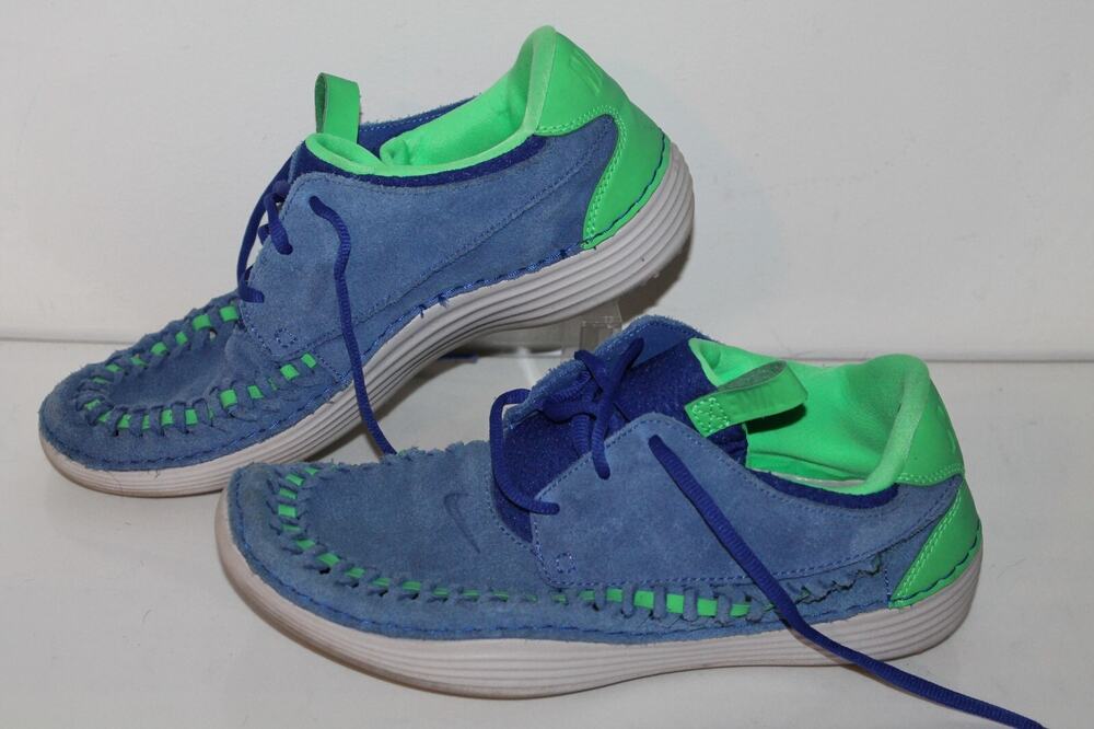 Nike Solarsoft Moccasin Prem Casual Sneakers, 555345-434, Blue/Lime, Mens 10